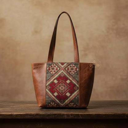 Moroccan Kilim Leather Tote Bag – Handmade Stylish Shoulder Purses – Red Rug & Genuine Brown Leather Shoulder Bag – Artisan Gift for Women