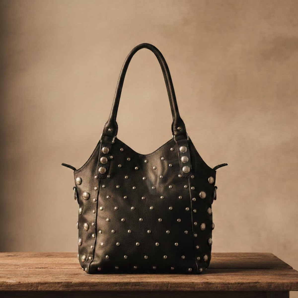 Studded Leather Shoulder Bag for Women, Handmade Rivet Tote, Artisan Black Leather Handbag, Polka Dot Studded Purse, Gift for her