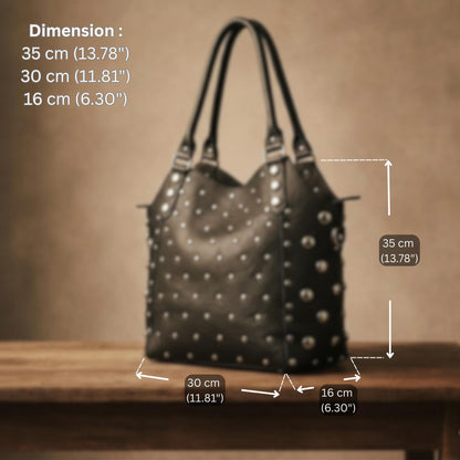 Studded Leather Shoulder Bag for Women, Handmade Rivet Tote, Artisan Black Leather Handbag, Polka Dot Studded Purse, Gift for her