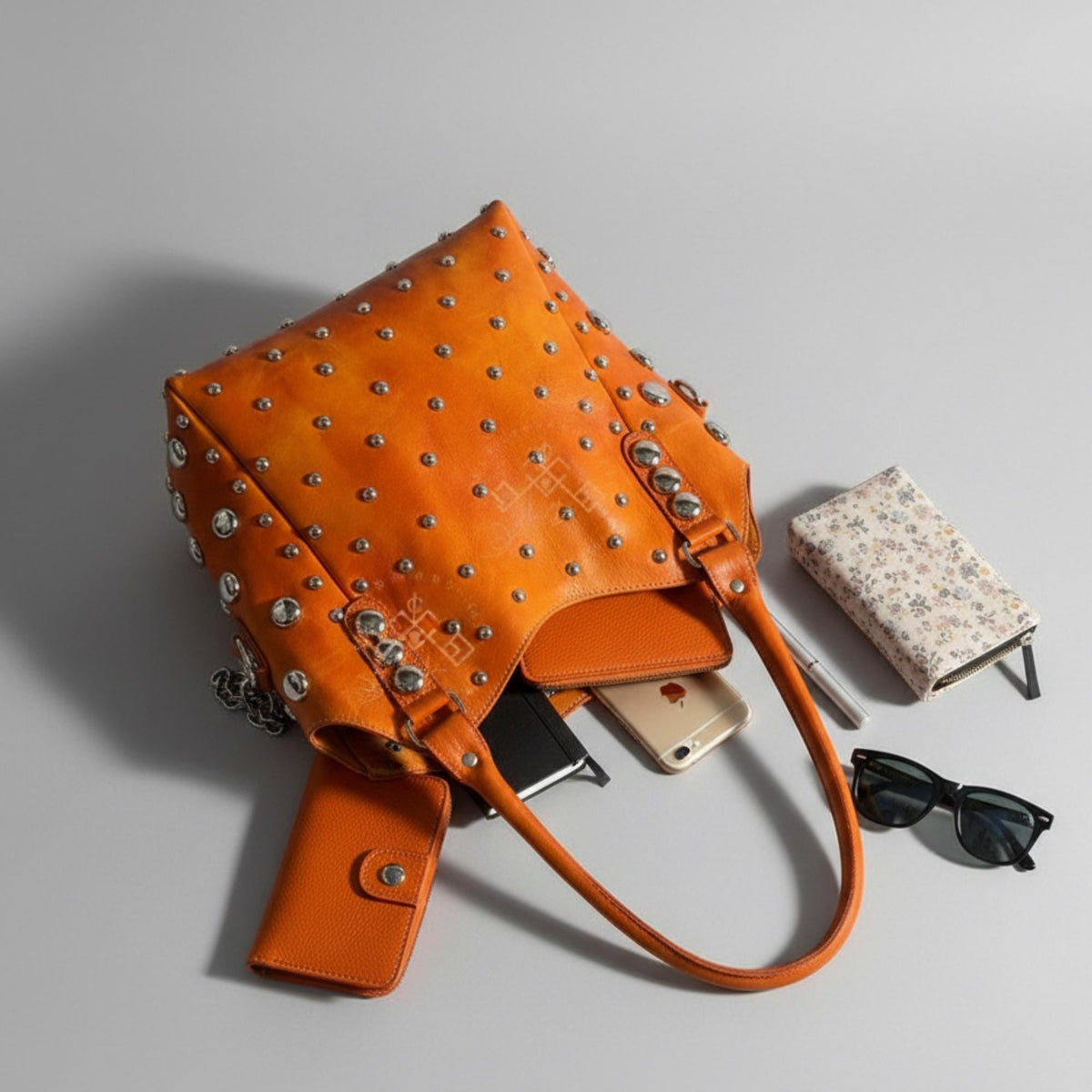Studded Leather Shoulder Bag for Women, Handmade Rivet Tote, Artisan Black Leather Handbag, Polka Dot Studded Purse, Gift for her