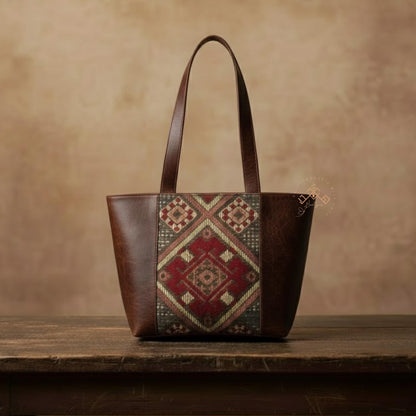 Moroccan Kilim Leather Tote Bag – Handmade Stylish Shoulder Purses – Red Rug & Genuine Brown Leather Shoulder Bag – Artisan Gift for Women