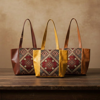 Moroccan Kilim Leather Tote Bag – Handmade Stylish Shoulder Purses – Red Rug & Genuine Brown Leather Shoulder Bag – Artisan Gift for Women