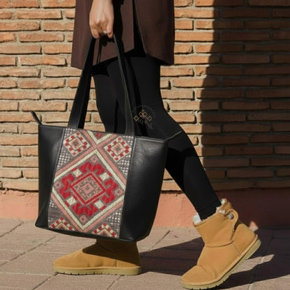 Moroccan Kilim Leather Tote Bag – Handmade Stylish Shoulder Purses – Red Rug & Genuine Brown Leather Shoulder Bag – Artisan Gift for Women