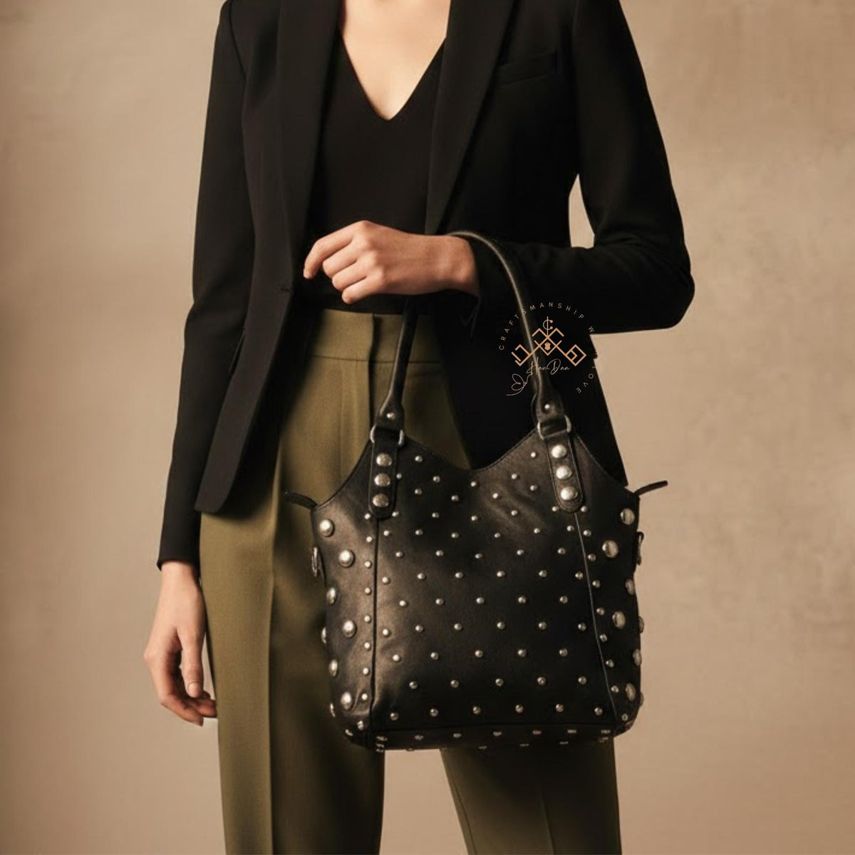 Studded Leather Shoulder Bag for Women, Handmade Rivet Tote, Artisan Black Leather Handbag, Polka Dot Studded Purse, Gift for her