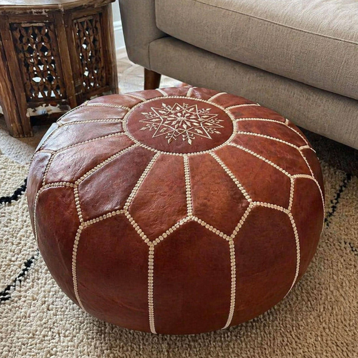 Handmade Moroccan Artisan Leather Pouf, Genuine Natural Leather Ottoman, Boho Home Decor Footstool, Unstuffed Leather Floor Cushion,