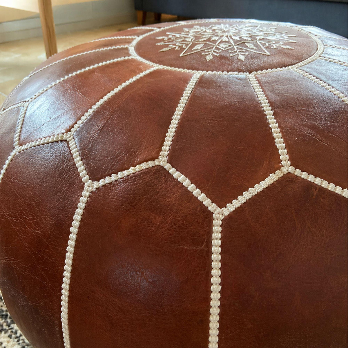 Handcrafted Moroccan Leather Ottoman Pouf Round Genuine Leather Footstool Coffee Table Unstuffed Handmade in Marrakech Brown Pouf
