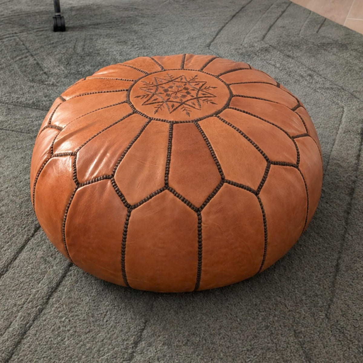 Leather Pouf Ottoman, Handmade Round Leather Footstool, Boho Home Decor, Genuine Moroccan Leather Floor Seating, Coffee Table Ottoman