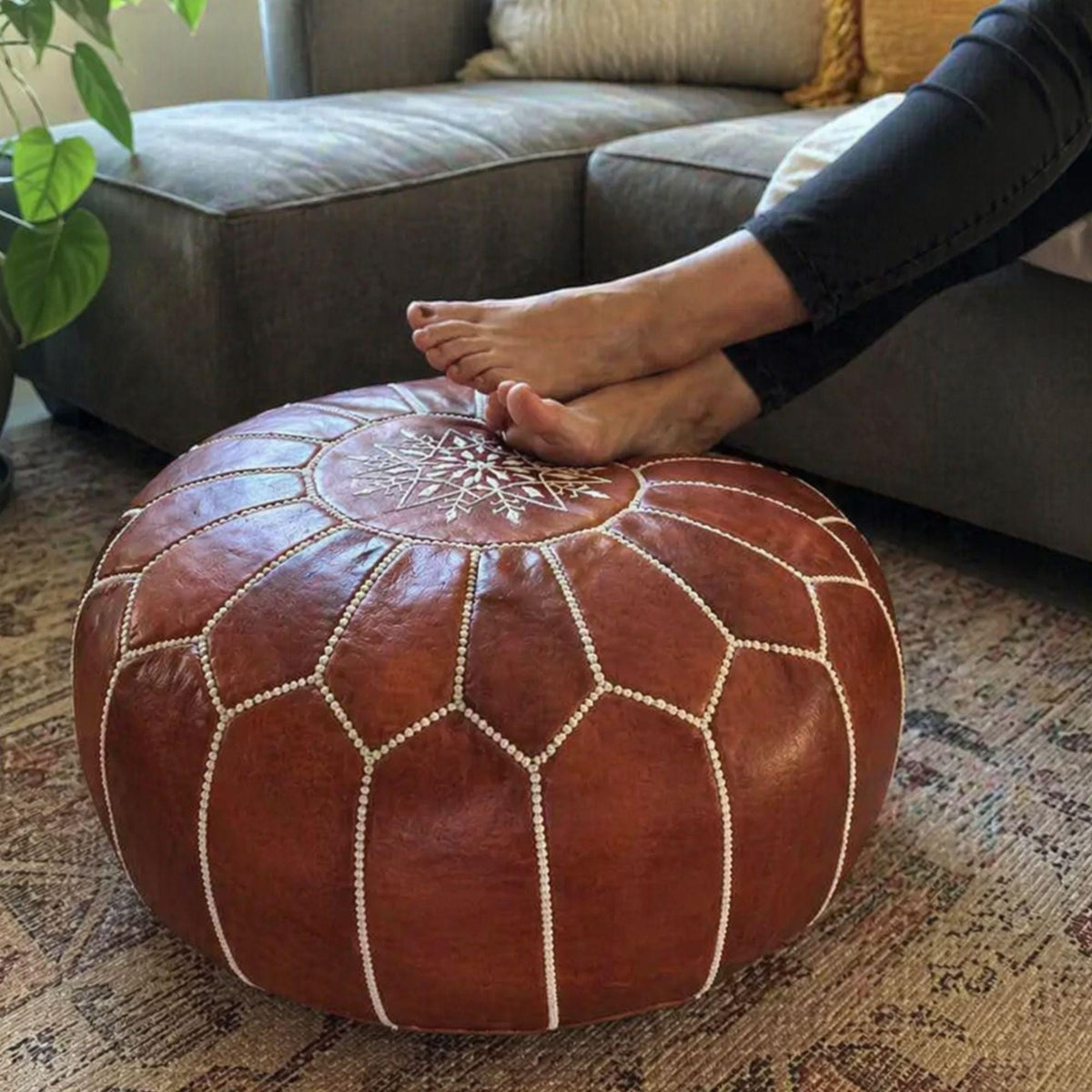 Handcrafted Moroccan leather ottoman pouf, round genuine leather footstool, coffee table, unstuffed handmade in Marrakech, brown decor piece