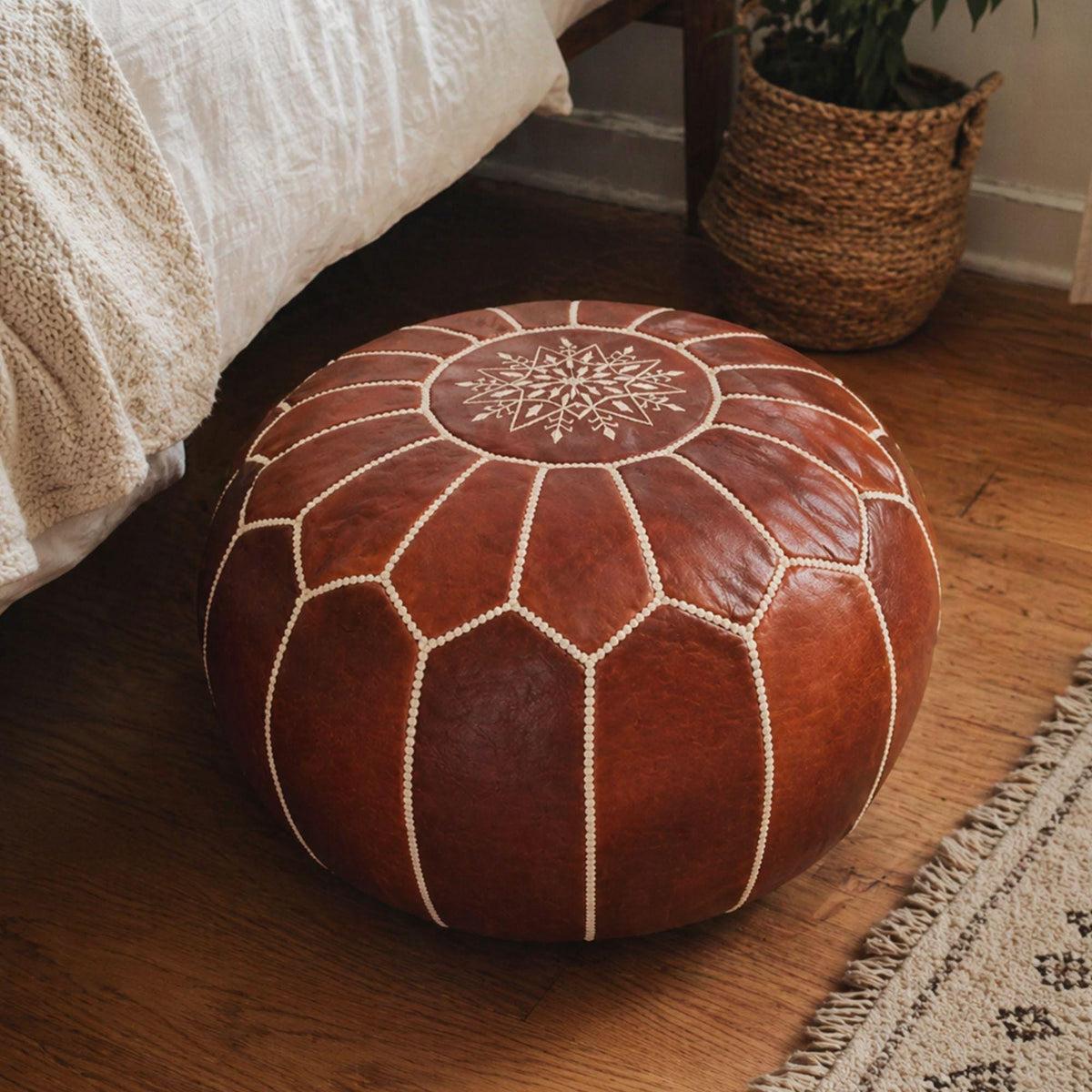 Handmade Moroccan Artisan Leather Pouf, Genuine Natural Leather Ottoman, Boho Home Decor Footstool, Unstuffed Leather Floor Cushion,