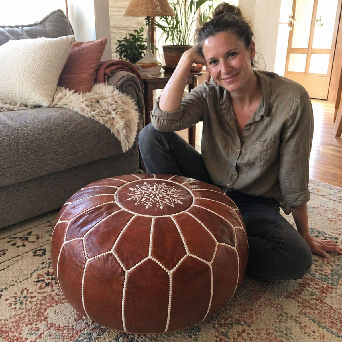Handcrafted Moroccan Leather Ottoman Pouf Round Genuine Leather Footstool Coffee Table Unstuffed Handmade in Marrakech Brown Pouf