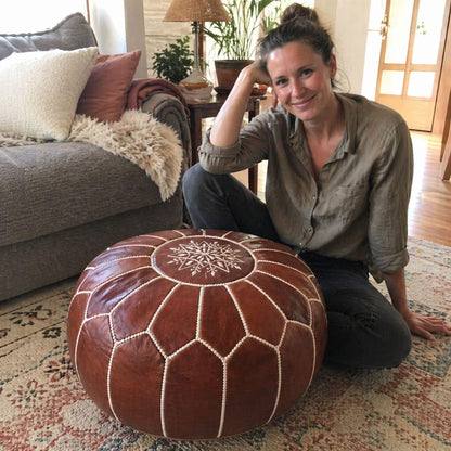 Handcrafted Moroccan Leather Ottoman Pouf Round Genuine Leather Footstool Coffee Table Unstuffed Handmade in Marrakech Brown Pouf