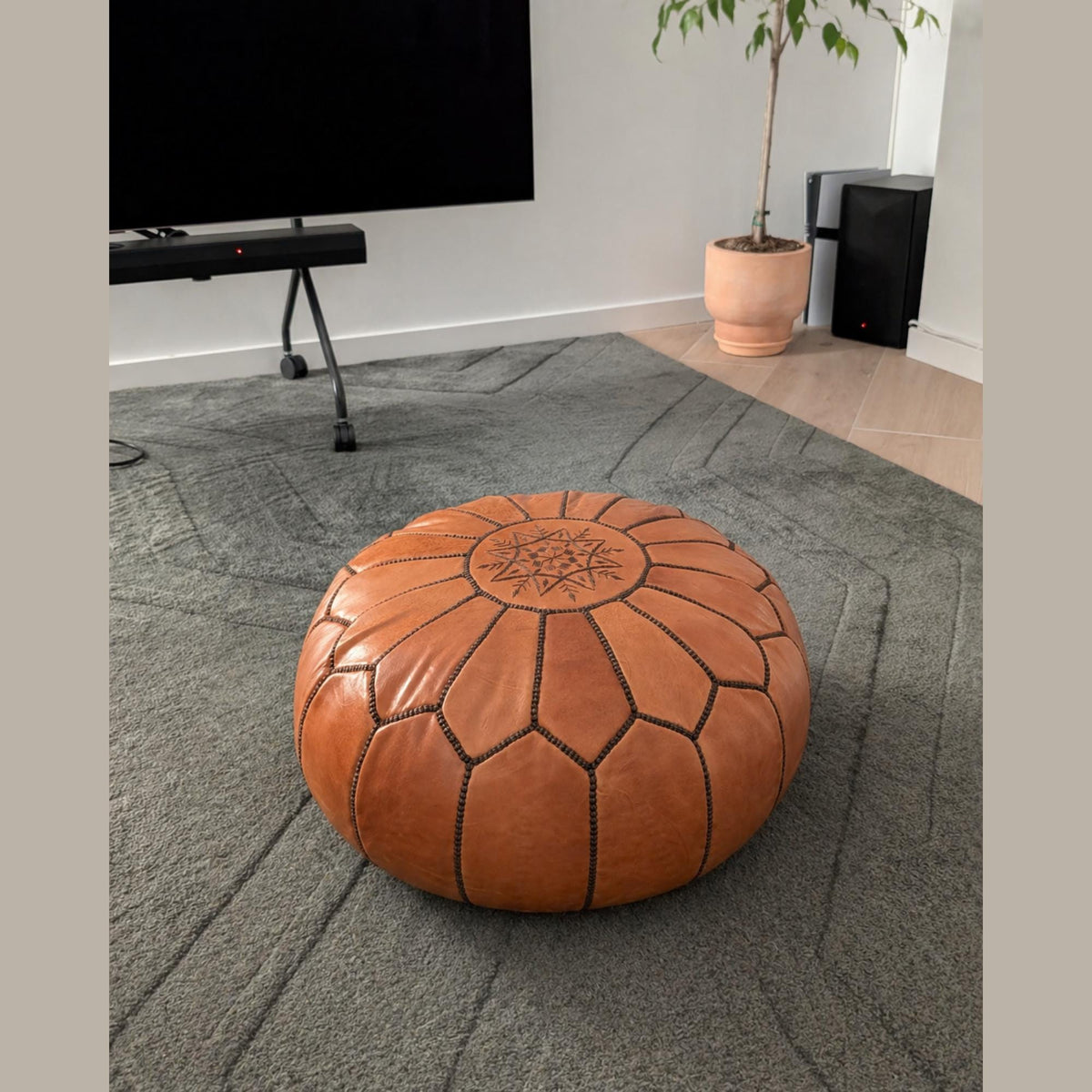 Leather Pouf Ottoman, Handmade Round Leather Footstool, Boho Home Decor, Genuine Moroccan Leather Floor Seating, Coffee Table Ottoman
