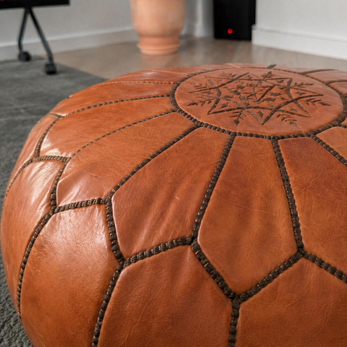 Leather Pouf Ottoman, Handmade Round Leather Footstool, Boho Home Decor, Genuine Moroccan Leather Floor Seating, Coffee Table Ottoman