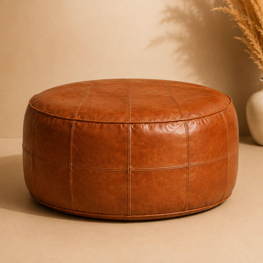 Leather Ottoman pouf, Pouf Cuir, Brown Ottoman, Ottoman Pouf Brown, Handmade Genuine Leather Pouf, Round Footstool, Brown Floor Cushion