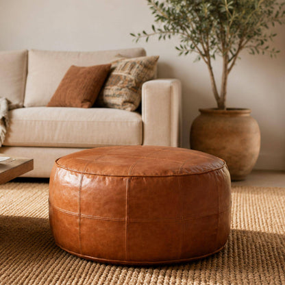 Leather Ottoman pouf, Pouf Cuir, Brown Ottoman, Ottoman Pouf Brown, Handmade Genuine Leather Pouf, Round Footstool, Brown Floor Cushion
