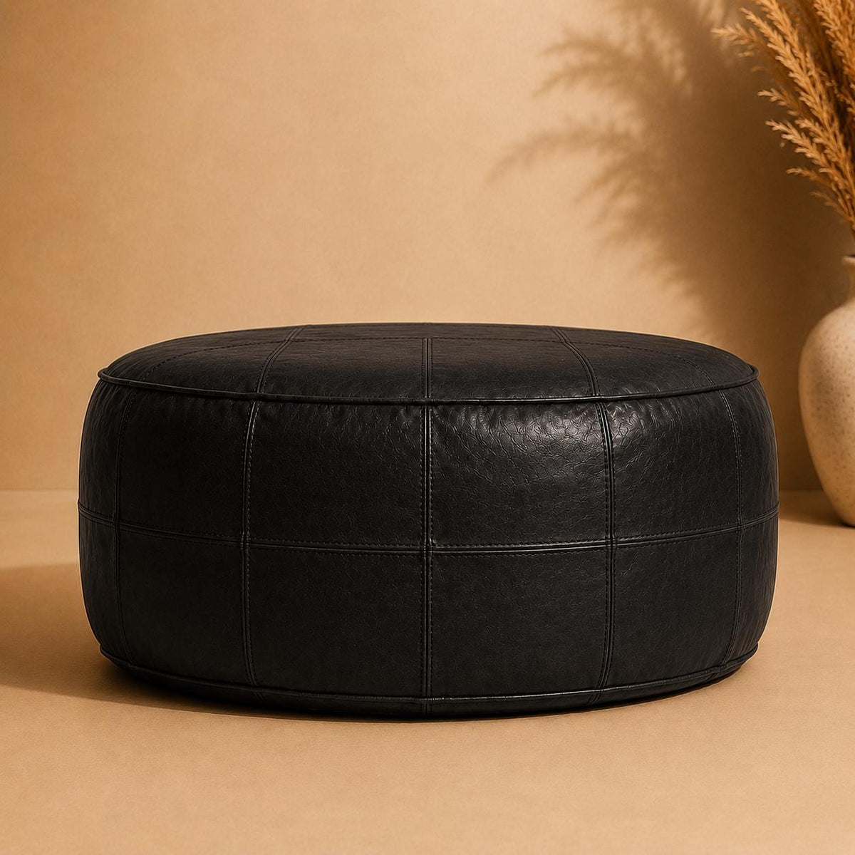 Leather Ottoman pouf, Pouf Cuir, Dark black Ottoman, Ottoman Pouf black, Handmade Genuine Leather Pouf, Round Footstool, black Floor Cushion