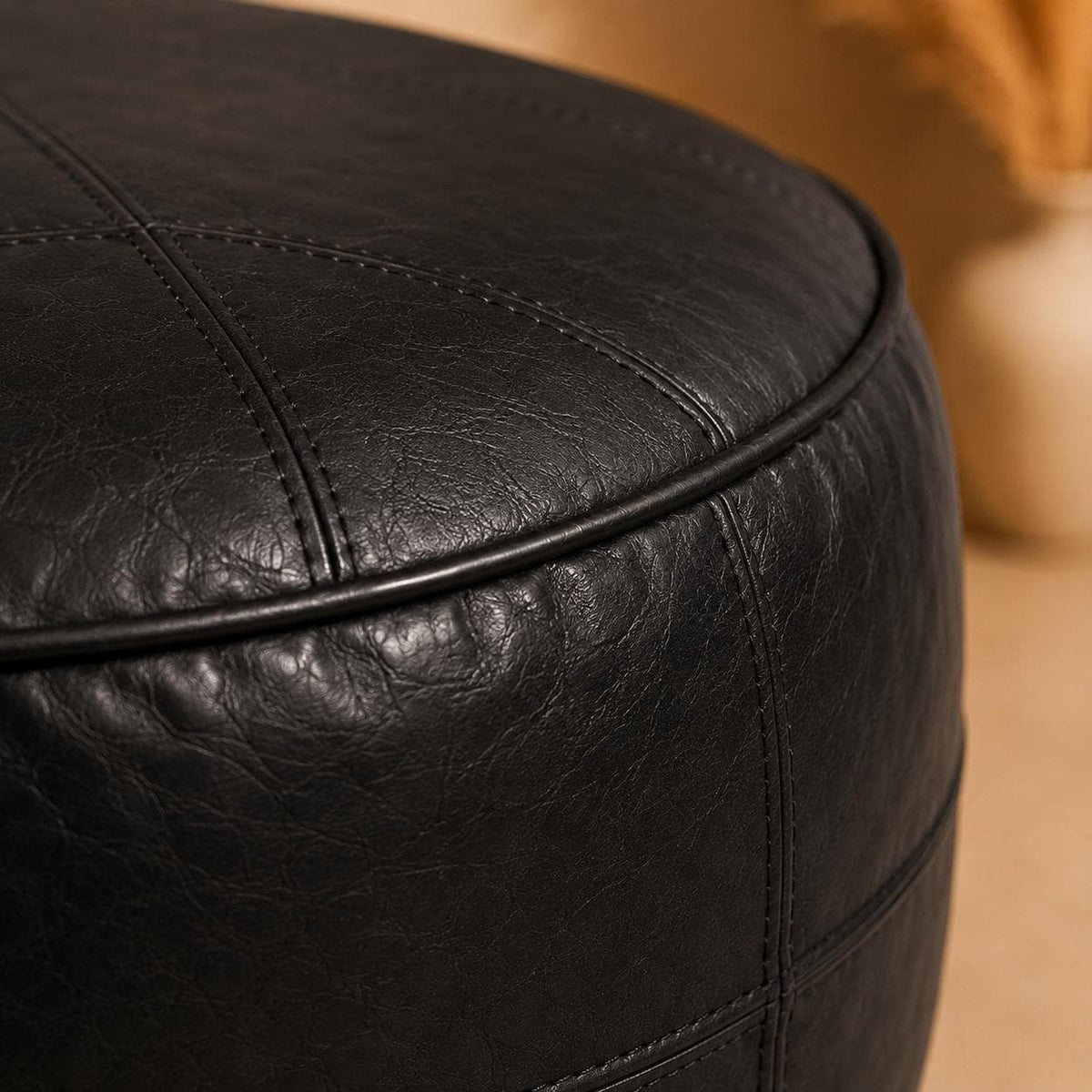 Leather Ottoman pouf, Pouf Cuir, Dark black Ottoman, Ottoman Pouf black, Handmade Genuine Leather Pouf, Round Footstool, black Floor Cushion