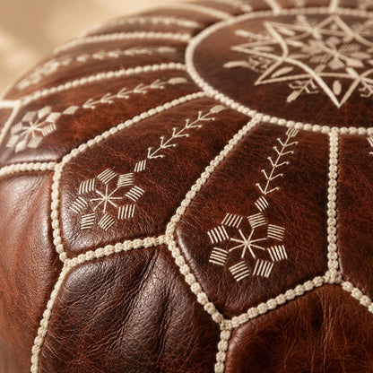 Leather Ottoman pouf, Pouf Cuir, Dark Brown Ottoman, Ottoman Pouf Brown, Handmade Genuine Leather Pouf, Round Footstool, Brown Floor Cushion