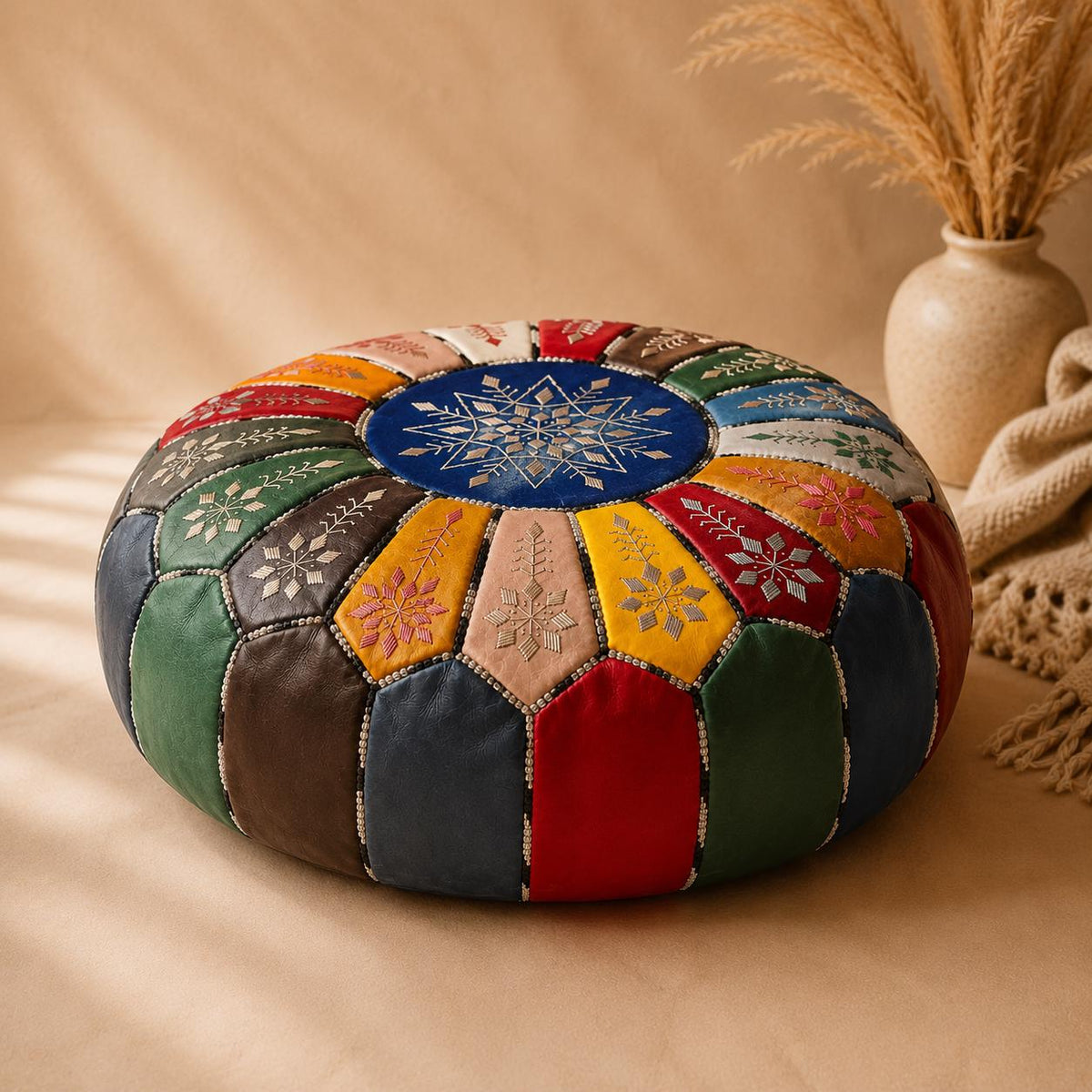 Handmade Moroccan Leather Pouf, leather pouf round ottoman, Boho Floor Cushion, Artisan Housewarming Gift, ottoman stool, sweet tech pouf