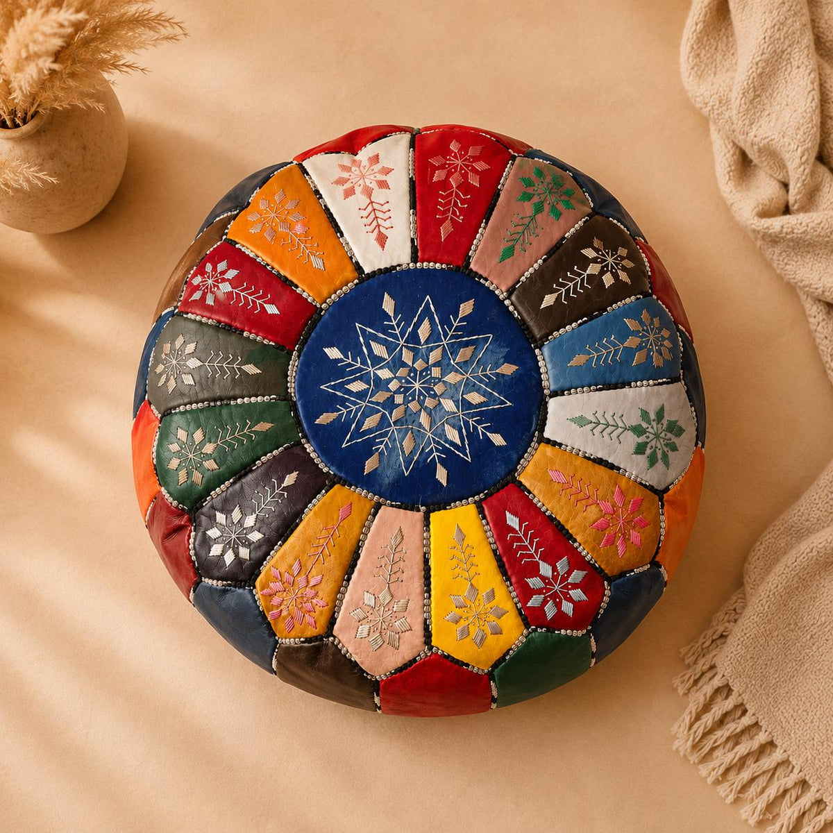 Handmade Moroccan Leather Pouf, leather pouf round ottoman, Boho Floor Cushion, Artisan Housewarming Gift, ottoman stool, sweet tech pouf