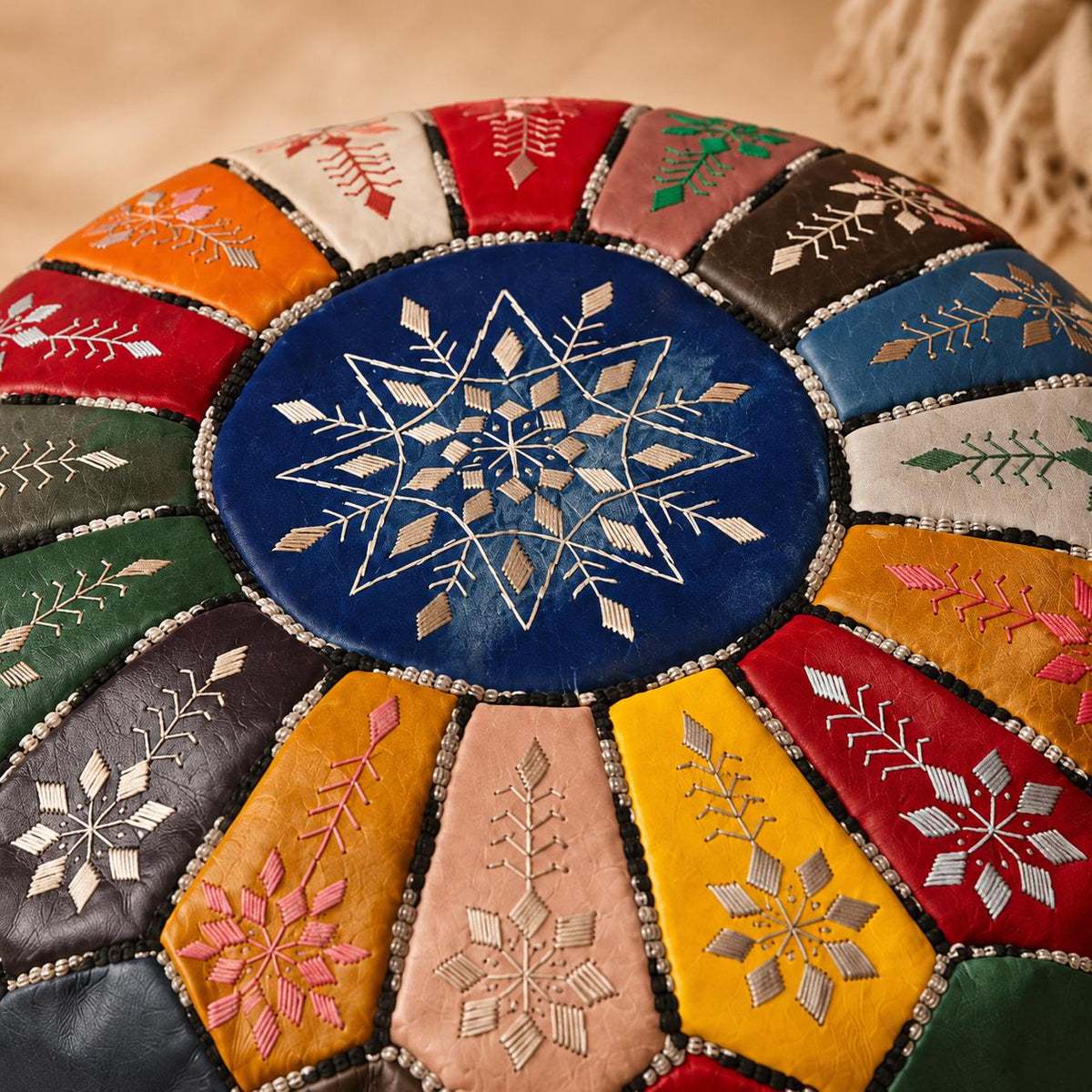 Handmade Moroccan Leather Pouf, leather pouf round ottoman, Boho Floor Cushion, Artisan Housewarming Gift, ottoman stool, sweet tech pouf