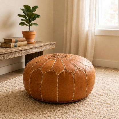 Leather Ottoman pouf, Pouf Cuir, Brown Ottoman, Ottoman Pouf Brown, Handmade Genuine Leather Pouf, Round Footstool, Brown pouf Floor Cushion