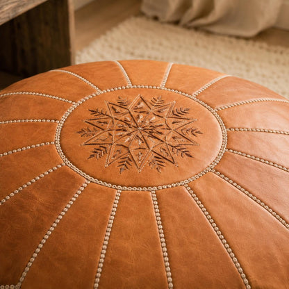 Leather Ottoman pouf, Pouf Cuir, Brown Ottoman, Ottoman Pouf Brown, Handmade Genuine Leather Pouf, Round Footstool, Brown pouf Floor Cushion