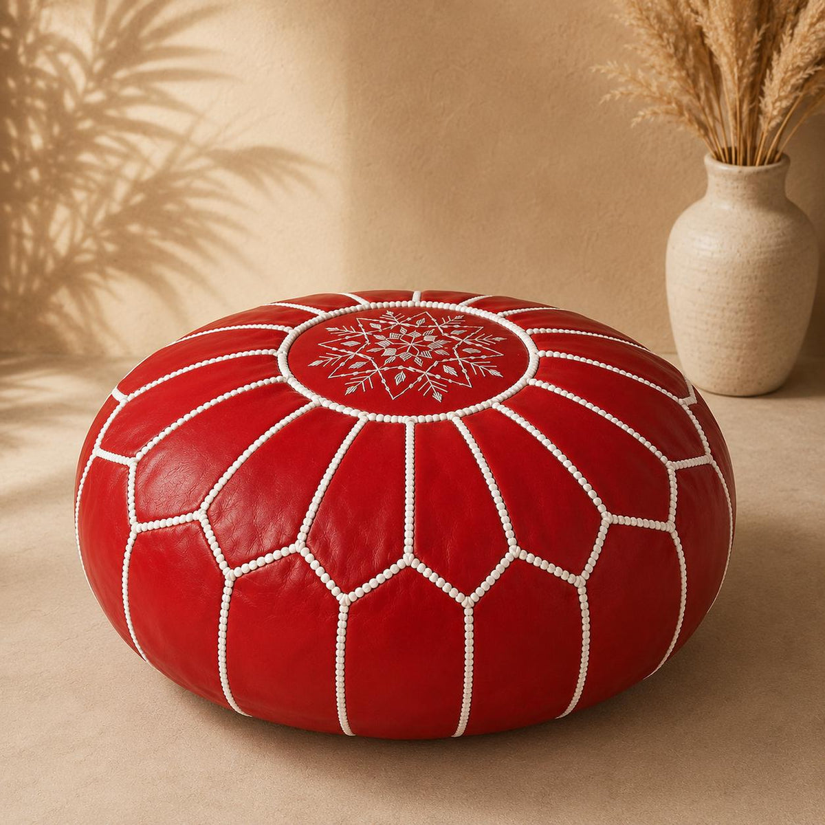 Red Moroccan Leather Ottoman Pouf Seat, authentic bohemian ottoman, handmade in Morocco, round floor pillow, Unstuffed Leather Footrest Pouf
