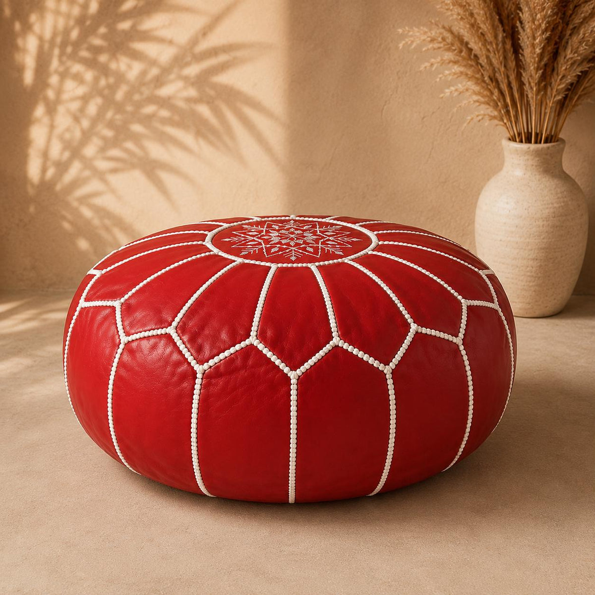 Red Moroccan Leather Ottoman Pouf Seat, authentic bohemian ottoman, handmade in Morocco, round floor pillow, Unstuffed Leather Footrest Pouf
