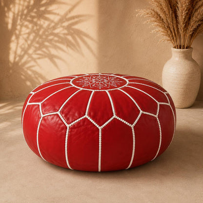 Red Moroccan Leather Ottoman Pouf Seat, authentic bohemian ottoman, handmade in Morocco, round floor pillow, Unstuffed Leather Footrest Pouf