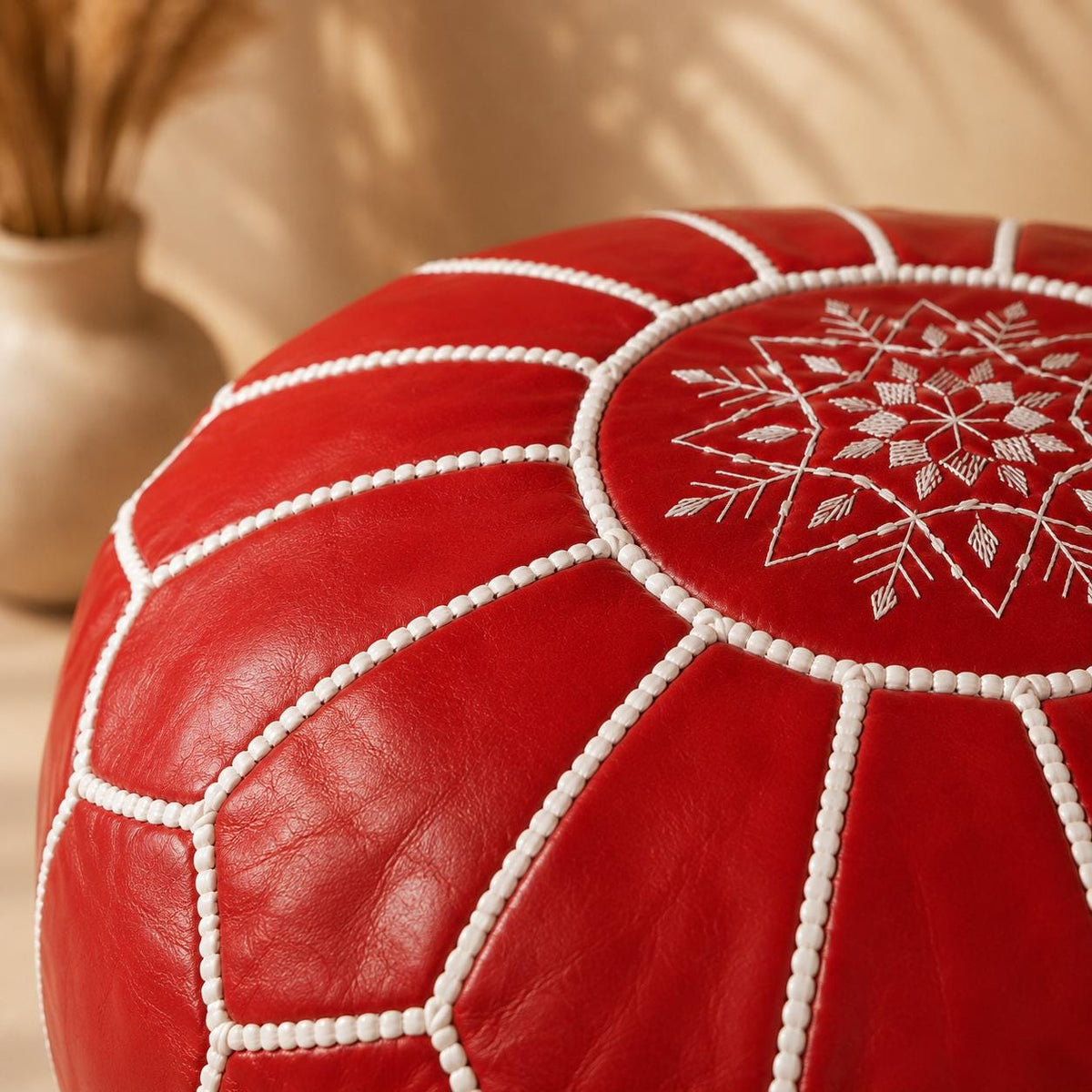 Red Moroccan Leather Ottoman Pouf Seat, authentic bohemian ottoman, handmade in Morocco, round floor pillow, Unstuffed Leather Footrest Pouf