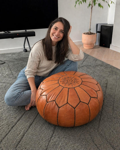 Leather Pouf Ottoman, Handmade Round Leather Footstool, Boho Home Decor, Genuine Moroccan Leather Floor Seating, Coffee Table Ottoman