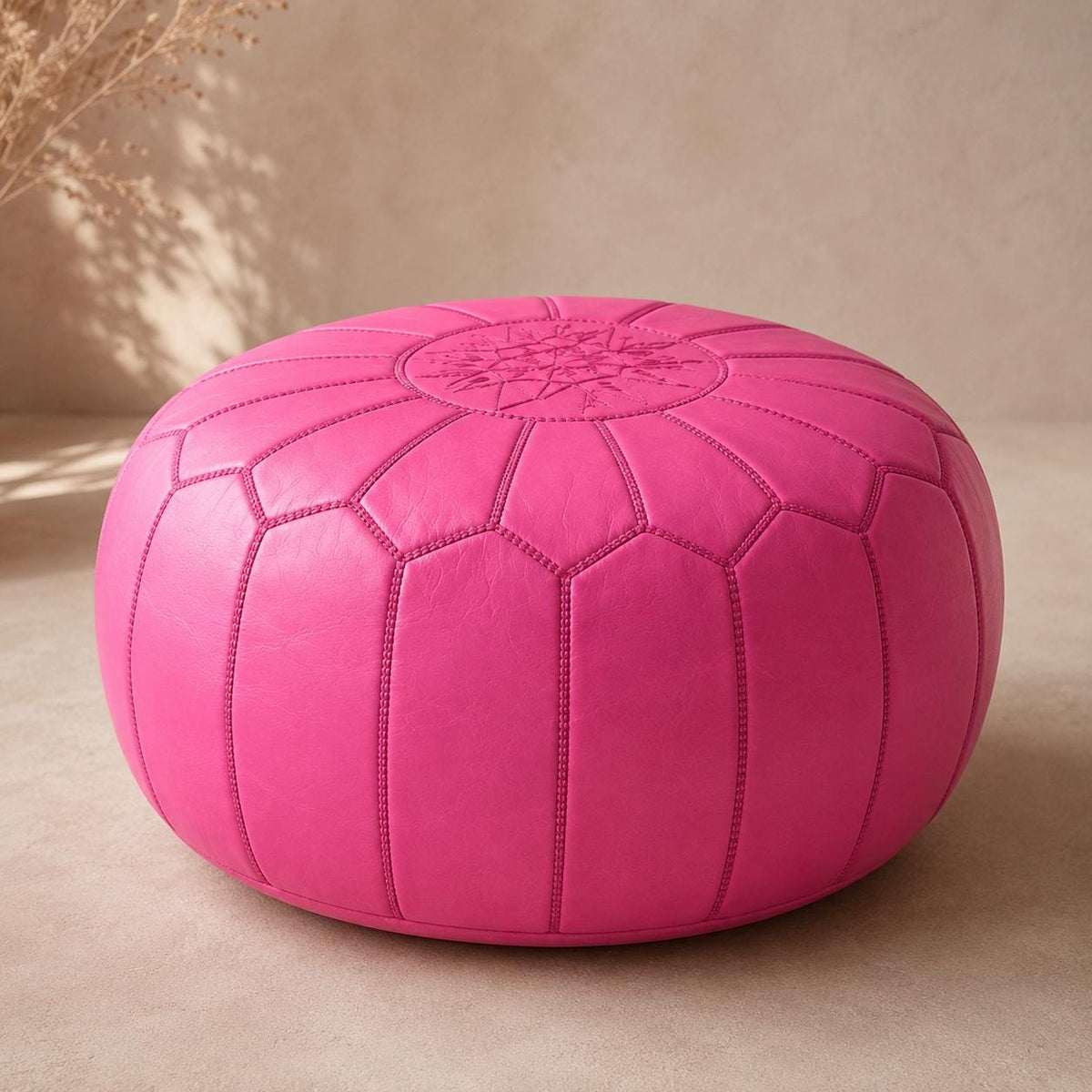 Pink Moroccan Leather Ottoman Pouf Seat, authentic bohemian ottoman, handmade in Morocco, round floor pillow, Unstuffed Leather Pouf