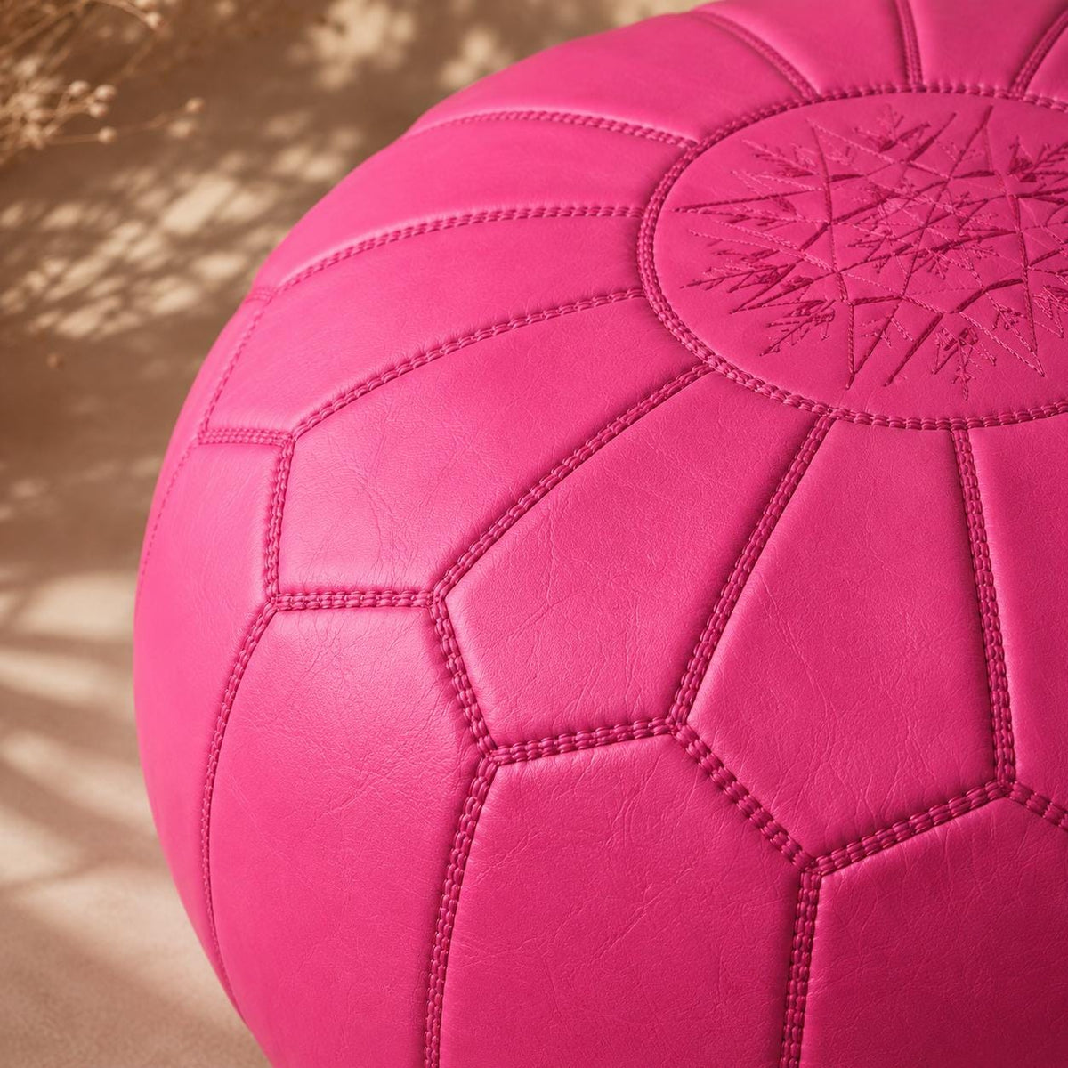 Pink Moroccan Leather Ottoman Pouf Seat, authentic bohemian ottoman, handmade in Morocco, round floor pillow, Unstuffed Leather Pouf