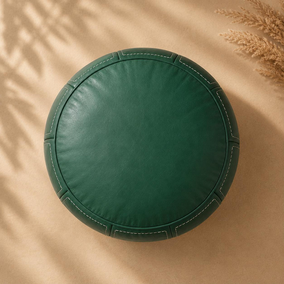 Green Moroccan Leather Ottoman Pouf Seat, authentic bohemian ottoman, handmade in Morocco, round floor pillow, Unstuffed Leather Footrest