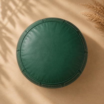Green Moroccan Leather Ottoman Pouf Seat, authentic bohemian ottoman, handmade in Morocco, round floor pillow, Unstuffed Leather Footrest