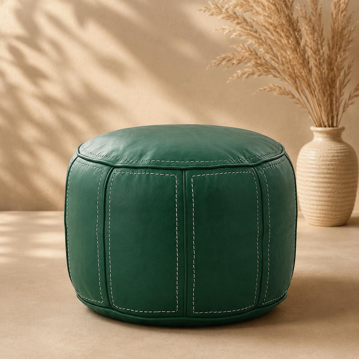Green Moroccan Leather Ottoman Pouf Seat, authentic bohemian ottoman, handmade in Morocco, round floor pillow, Unstuffed Leather Footrest
