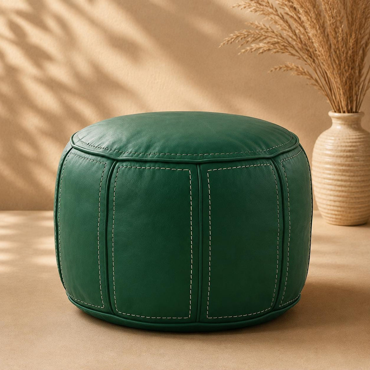 Green Moroccan Leather Ottoman Pouf Seat, authentic bohemian ottoman, handmade in Morocco, round floor pillow, Unstuffed Leather Footrest