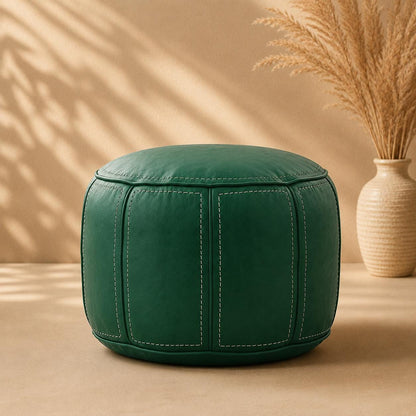 Green Moroccan Leather Ottoman Pouf Seat, authentic bohemian ottoman, handmade in Morocco, round floor pillow, Unstuffed Leather Footrest