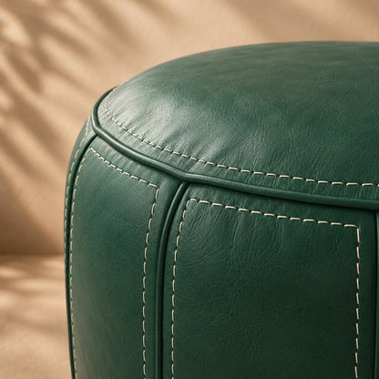 Green Moroccan Leather Ottoman Pouf Seat, authentic bohemian ottoman, handmade in Morocco, round floor pillow, Unstuffed Leather Footrest