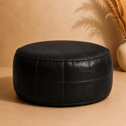 Leather Ottoman pouf, Pouf Cuir, Dark black Ottoman, Ottoman Pouf black, Handmade Genuine Leather Pouf, Round Footstool, black Floor Cushion