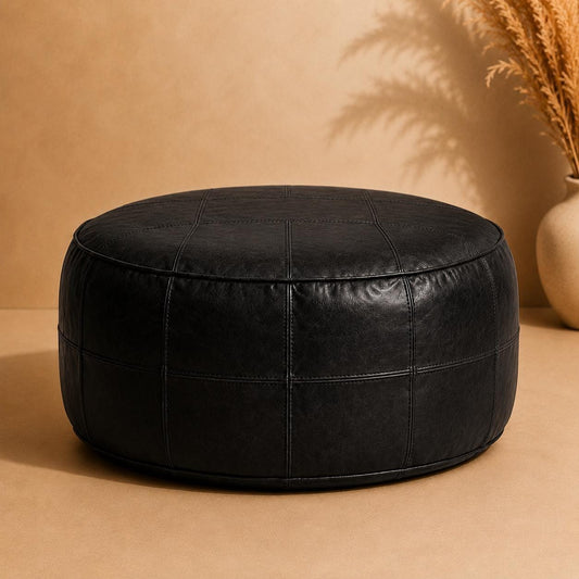 Leather Ottoman pouf, Pouf Cuir, Dark black Ottoman, Ottoman Pouf black, Handmade Genuine Leather Pouf, Round Footstool, black Floor Cushion