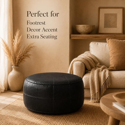 Leather Ottoman pouf, Pouf Cuir, Dark black Ottoman, Ottoman Pouf black, Handmade Genuine Leather Pouf, Round Footstool, black Floor Cushion