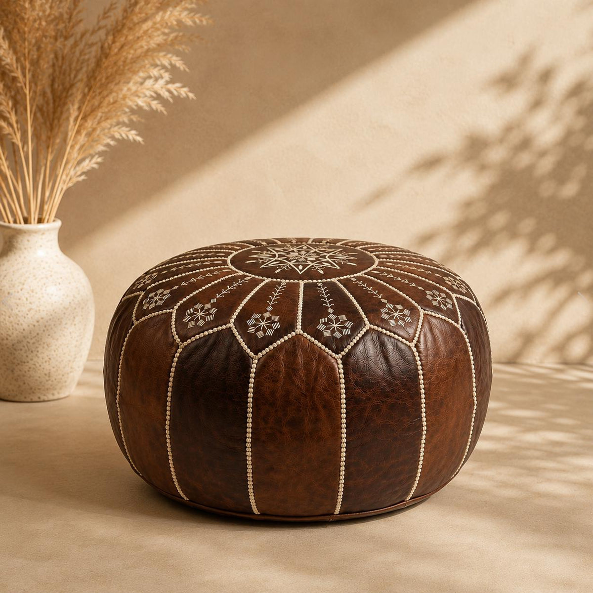 Leather Ottoman pouf, Pouf Cuir, Dark Brown Ottoman, Ottoman Pouf Brown, Handmade Genuine Leather Pouf, Round Footstool, Brown Floor Cushion
