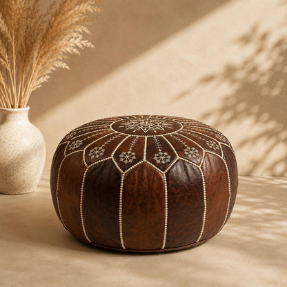 Leather Ottoman pouf, Pouf Cuir, Dark Brown Ottoman, Ottoman Pouf Brown, Handmade Genuine Leather Pouf, Round Footstool, Brown Floor Cushion