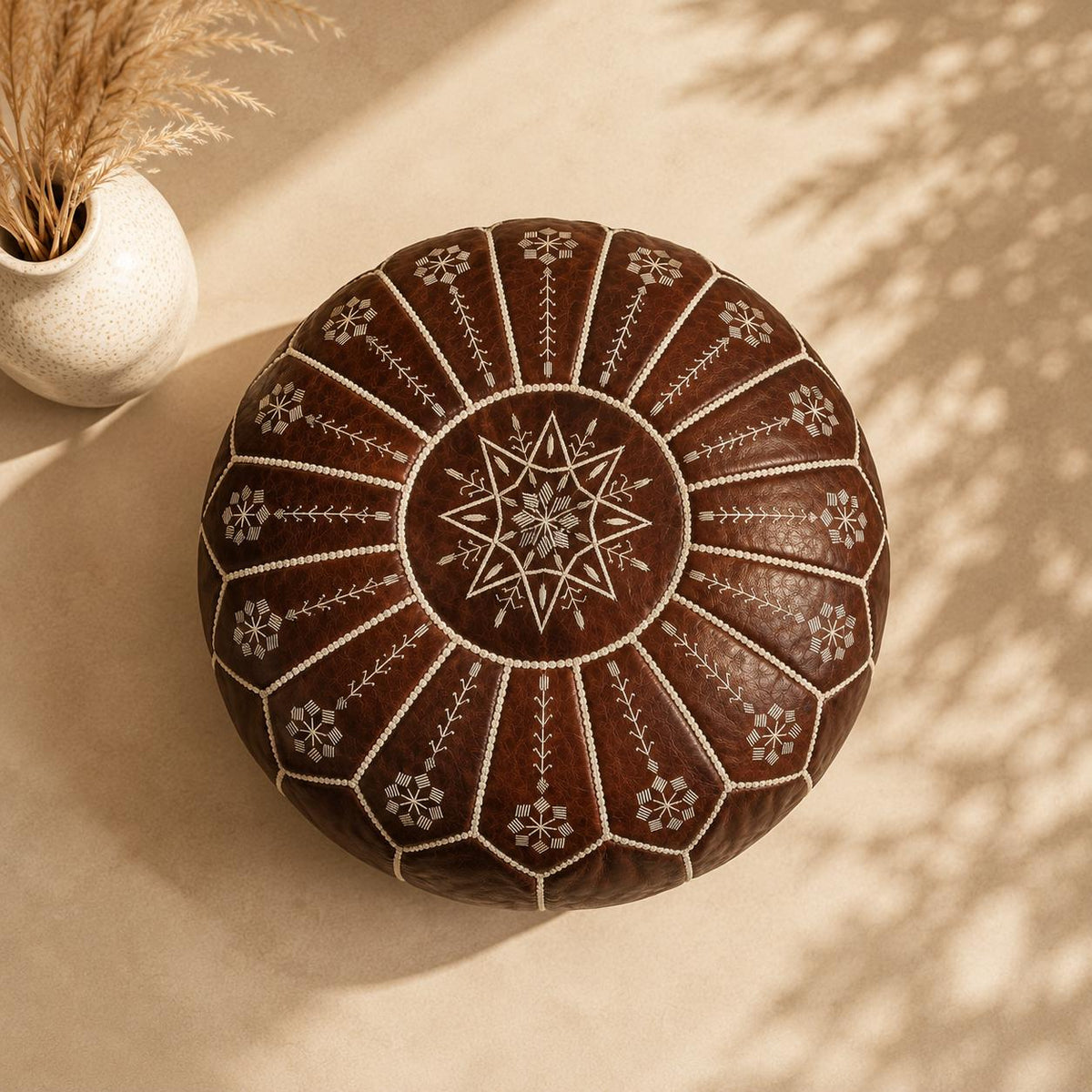 Leather Ottoman pouf, Pouf Cuir, Dark Brown Ottoman, Ottoman Pouf Brown, Handmade Genuine Leather Pouf, Round Footstool, Brown Floor Cushion