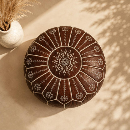 Leather Ottoman pouf, Pouf Cuir, Dark Brown Ottoman, Ottoman Pouf Brown, Handmade Genuine Leather Pouf, Round Footstool, Brown Floor Cushion
