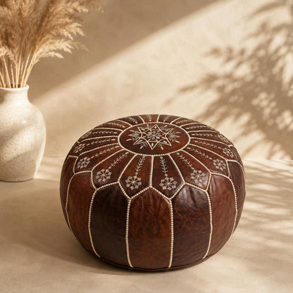 Leather Ottoman pouf, Pouf Cuir, Dark Brown Ottoman, Ottoman Pouf Brown, Handmade Genuine Leather Pouf, Round Footstool, Brown Floor Cushion
