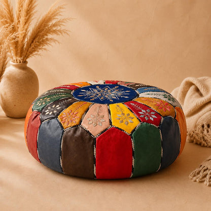 Handmade Moroccan Leather Pouf, leather pouf round ottoman, Boho Floor Cushion, Artisan Housewarming Gift, ottoman stool, sweet tech pouf