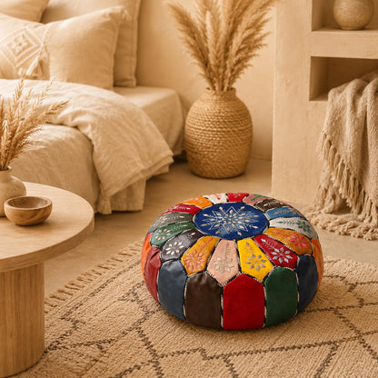 Handmade Moroccan Leather Pouf, leather pouf round ottoman, Boho Floor Cushion, Artisan Housewarming Gift, ottoman stool, sweet tech pouf